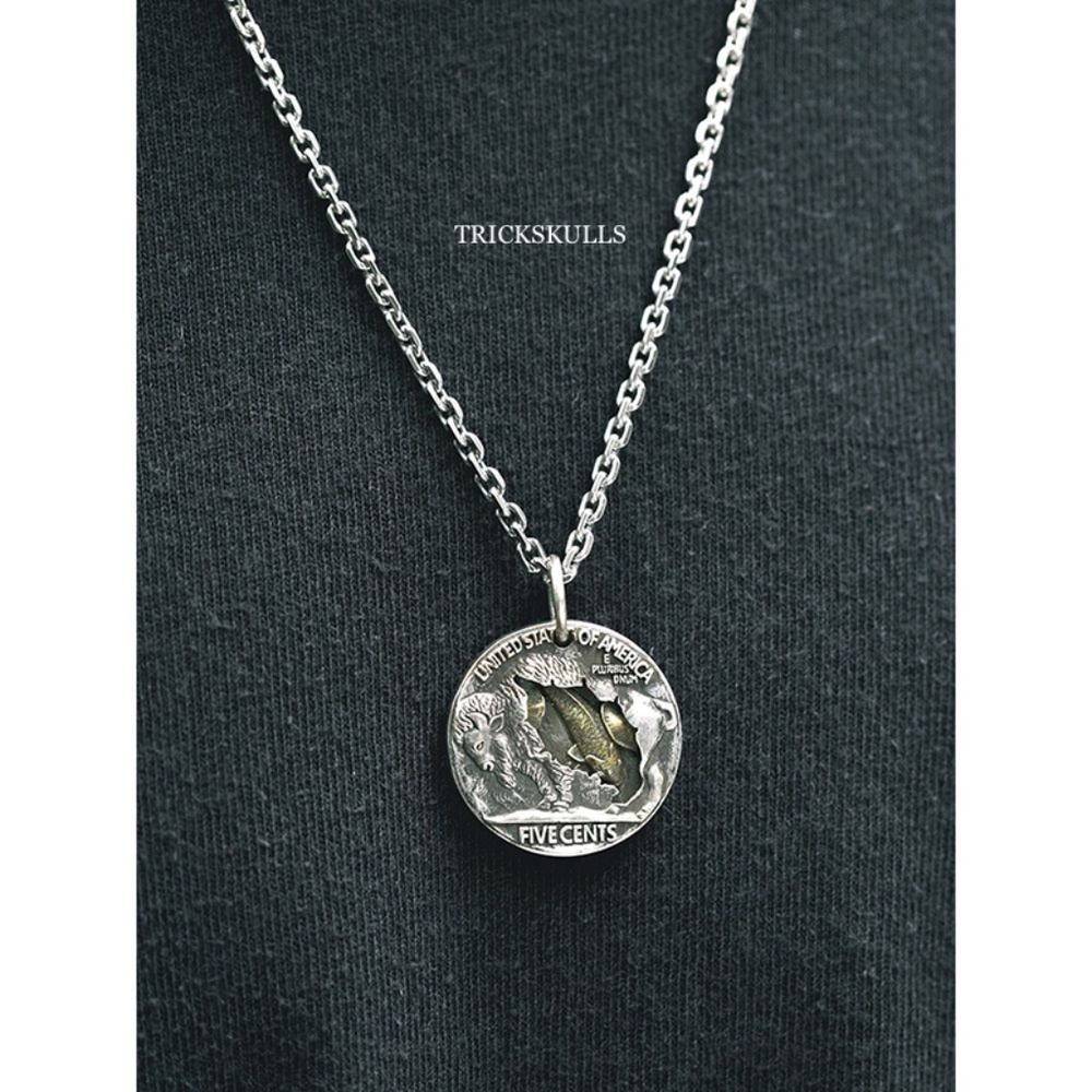 Buffalo Koi Skull Head Coin Charm Pendant Necklace Modern Vintage Streetwear NEW - Picture 8 of 11